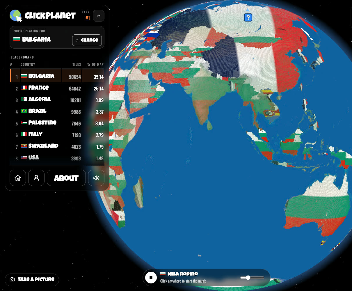 The ClickPlanet game: a 3D globe painted with flags, the leaderboard beside it