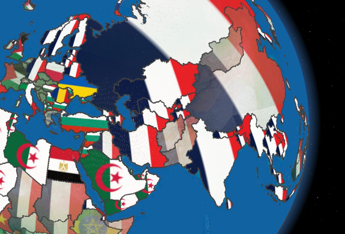 A close view of the globe: Europe, Africa and Asia painted with flags