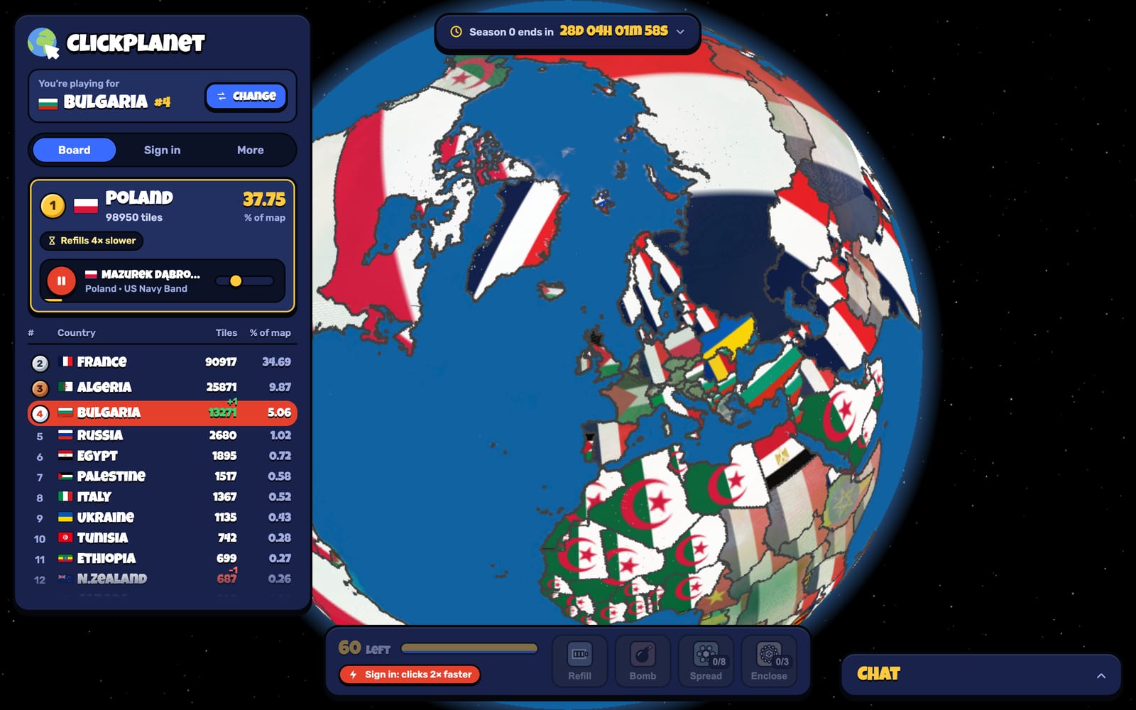 The ClickPlanet game: a 3D globe painted with flags, the board of countries beside it